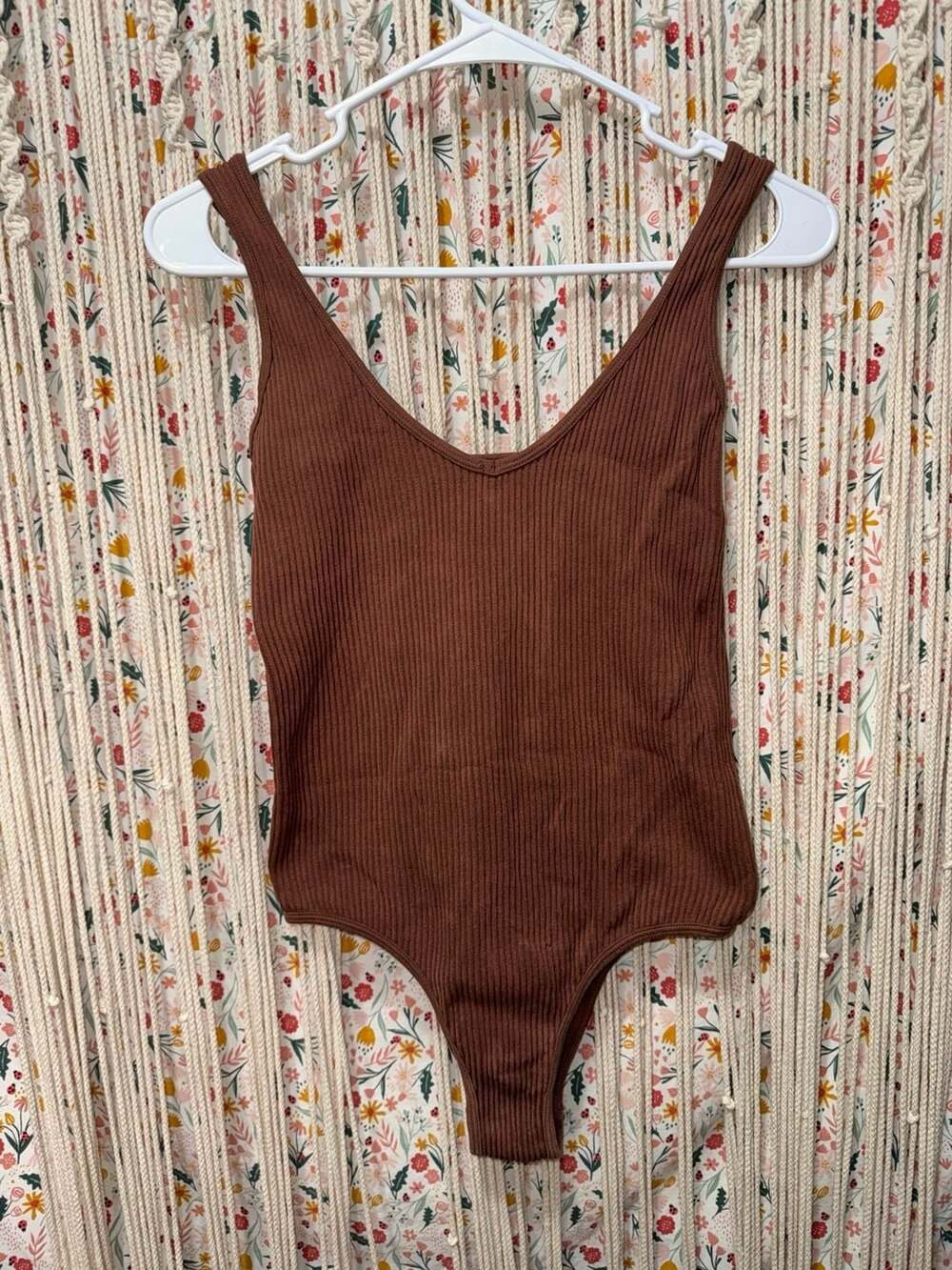 Chocolate Brown Ribbed Bodysuit Womens XXL Deep V Neck Sleeveless Stretch Tank